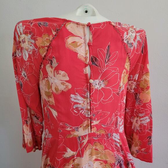 Free People All Eyes On You Floral Mini Swing Dress 4 Coral 3/4 Bell Sleeve - Picture 5 of 16